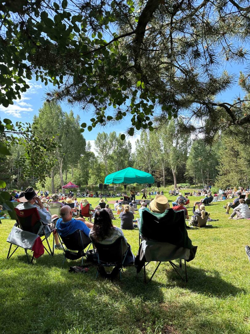 Audience members seated on the Green listening to a concert