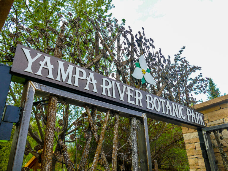 Sign reading “Yampa River Botanic Park” above an ornate iron gate decorated with leaf and flower designs, surrounded by trees.
