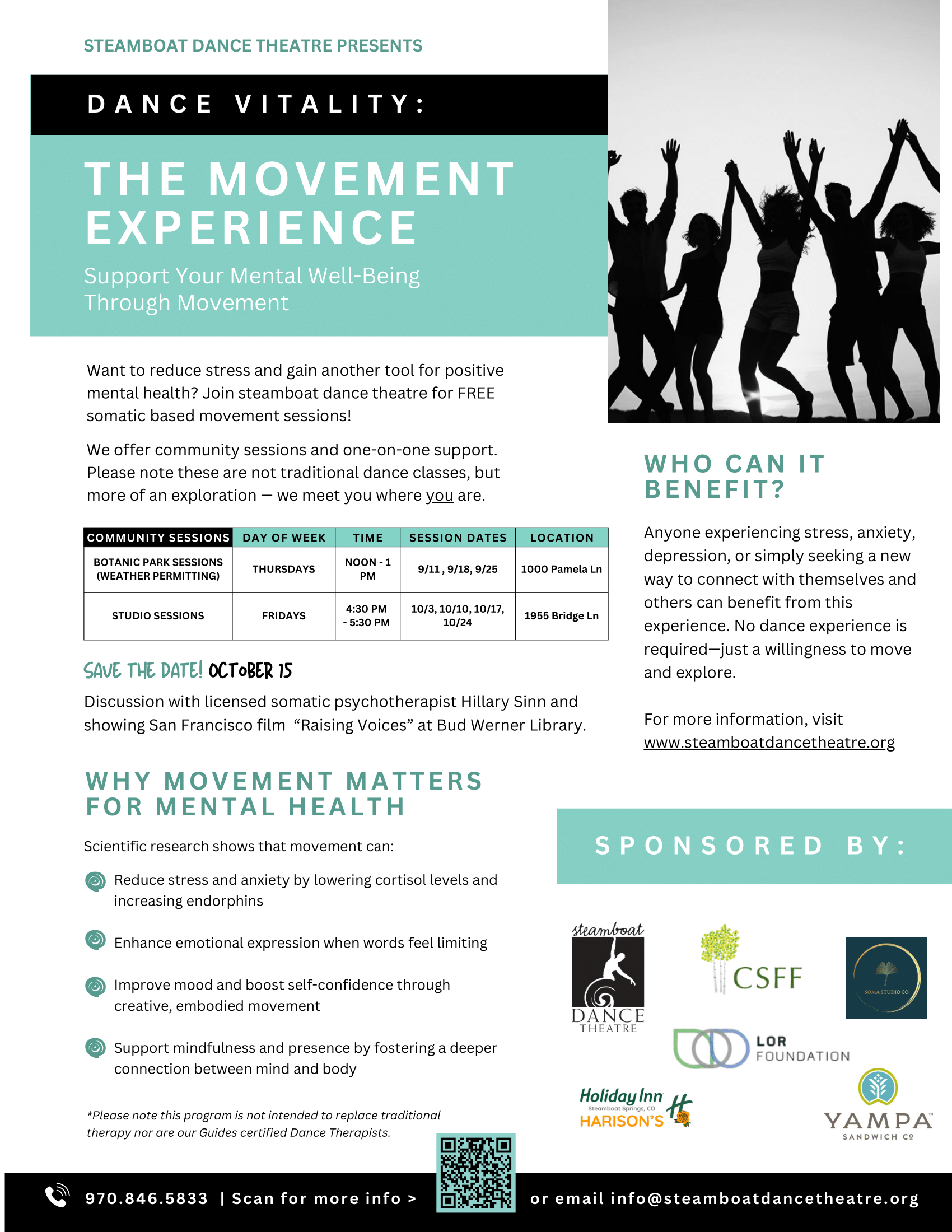 Flyer for The Movement Experience by Steamboat Dance Theatre. Details on flyer are written in event description.