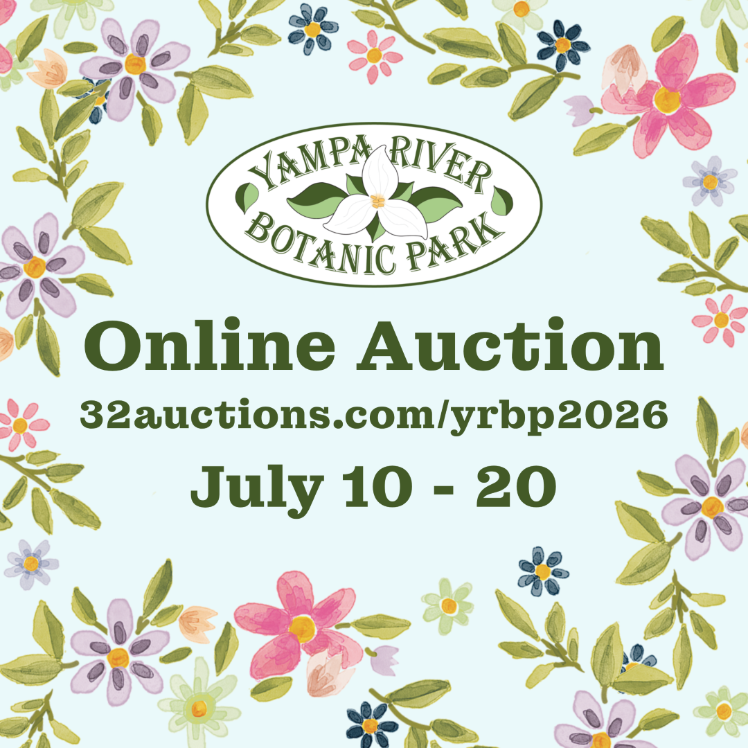 Graphic featuring the Yampa River Botanic Park Logo and text "Online Auction 32auctions.com/yrbp2026 July 10-20" with a floral border