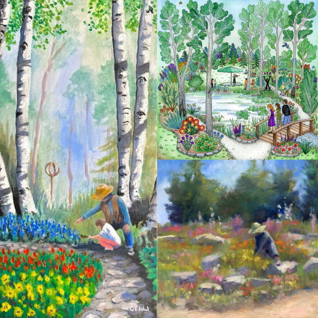 Collage of 3 artworks depicting a scene within the Yampa River Botanic Park