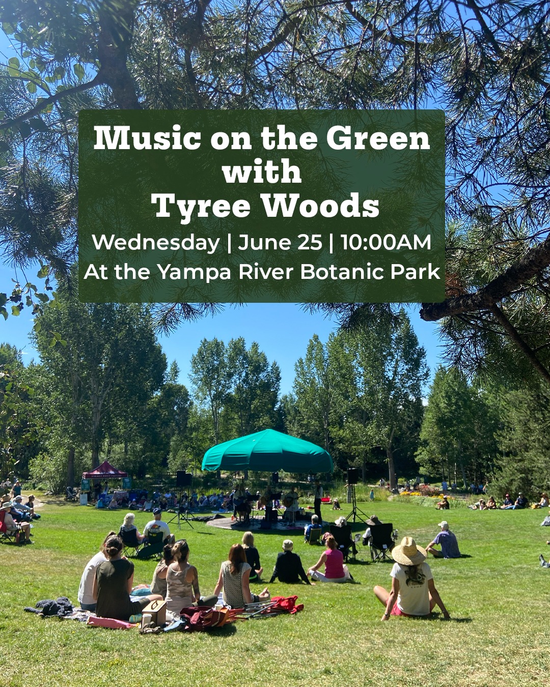 Advertisement for Tyree Woods performing during Music on the Greens event.