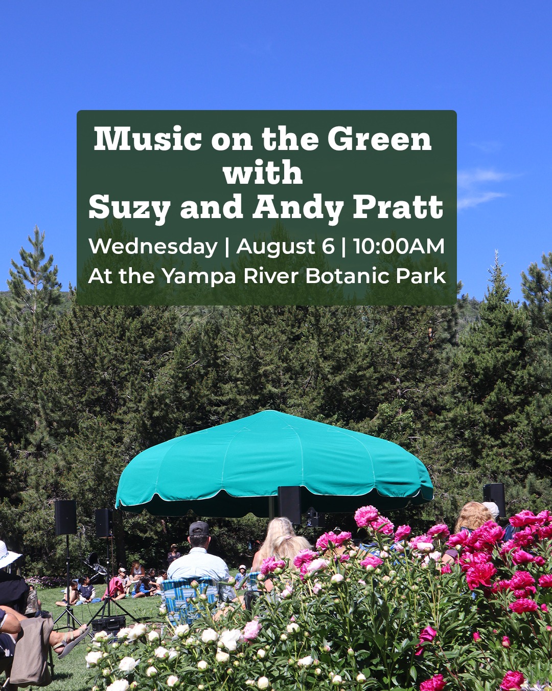 Advertisement for Suzy and Andy Pratt performing during Music on the Greens event.