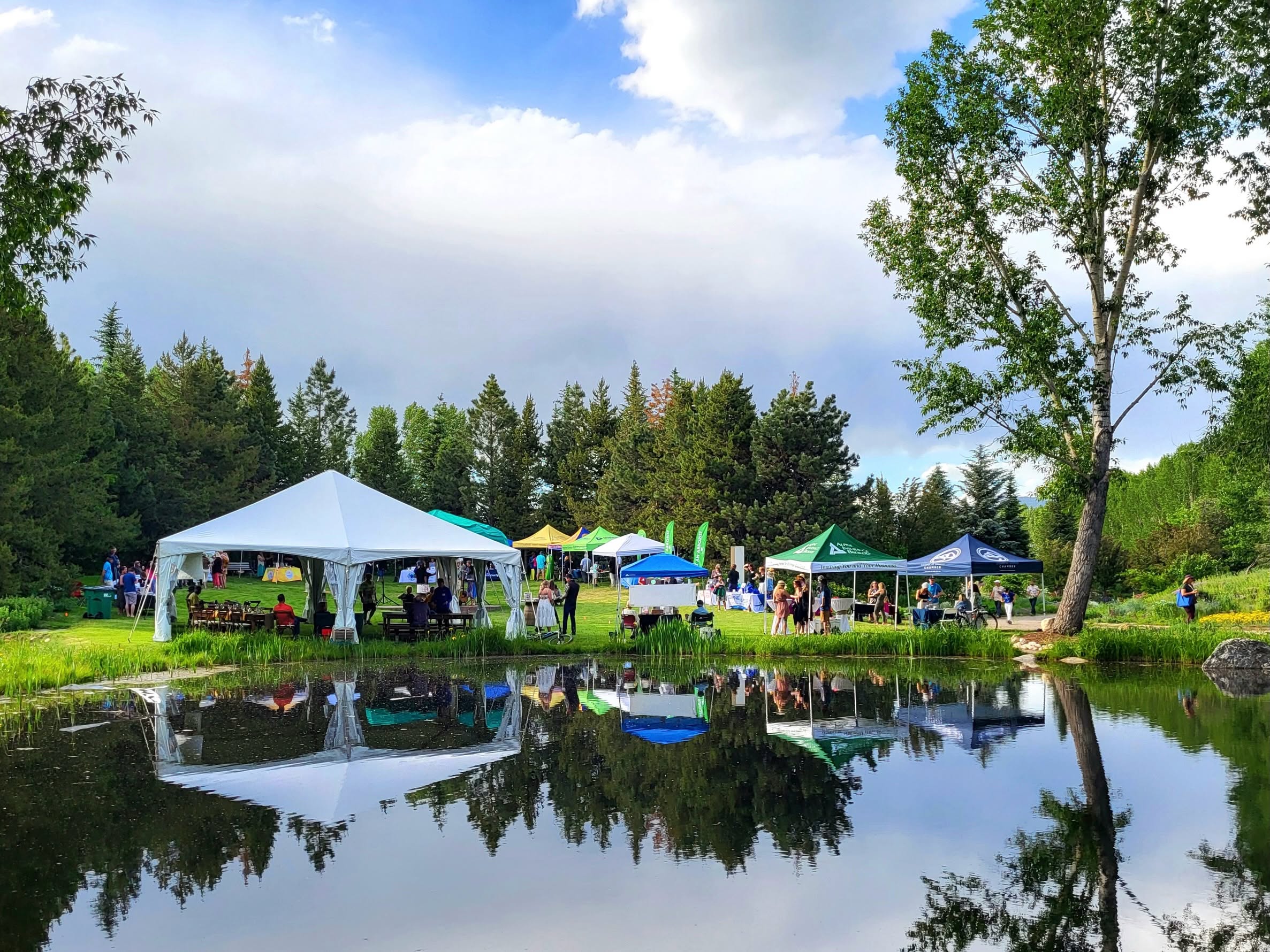 tents and people on a lawn in a park