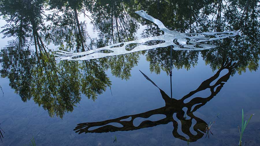 A thin flat metal sculpture of a swan in flight hovers over the waters of a pond, casting a wavy reflection