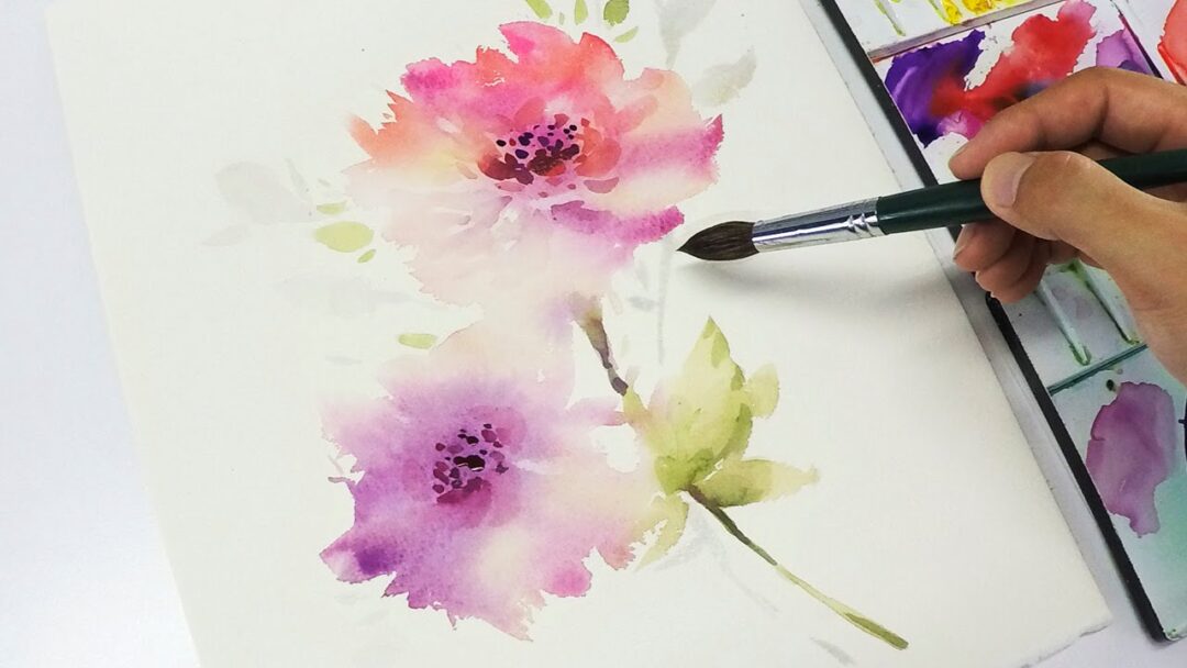 A painter painting flowers on a large canvas
